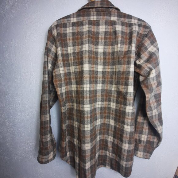VTG Pendleton Wool Plaid Shirt Medium USA Made Virgin Wool Flannel Brown Tan EUC - Picture 3 of 5